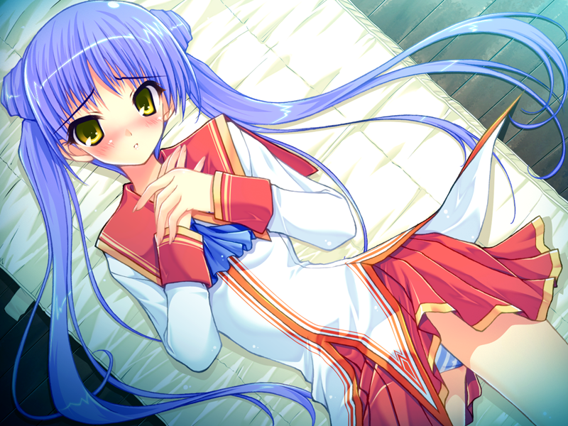 1girl amane_sou ascot bangs blue_neckwear blush double_bun dress_shirt eyebrows_visible_through_hair from_above game_cg hime_x_hime long_hair long_sleeves looking_at_viewer lying miniskirt official_art on_back panties parted_lips pleated_skirt purple_hair red_sailor_collar red_skirt sailor_collar shiny shiny_hair shirt skirt solo striped striped_panties takamura_honami twintails underwear very_long_hair white_shirt yellow_eyes