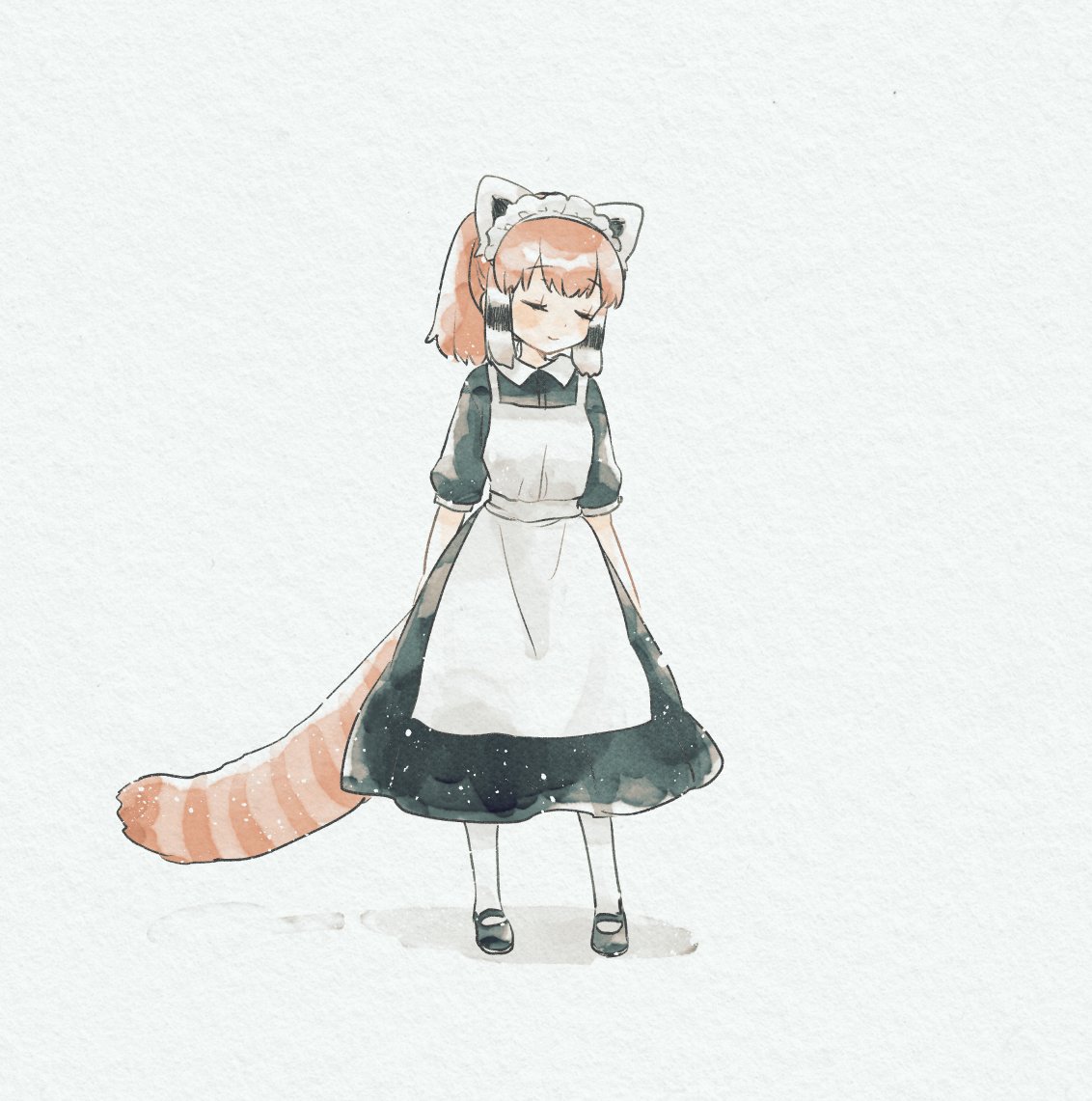 1girl black_hair closed_eyes commentary_request extra_ears eyebrows_visible_through_hair full_body kemono_friends kuromitsu_(9633_kmfr) lesser_panda_(kemono_friends) maid maid_headdress multicolored_hair orange_hair red_panda_ears red_panda_tail short_hair simple_background smile solo striped_tail tail white_background white_hair