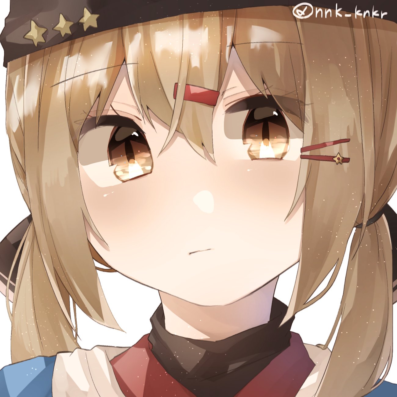 1girl bangs black_ribbon blush brown_eyes brown_hair eyebrows_visible_through_hair face hair_ornament hair_ribbon hairclip hat highres kantai_collection long_hair looking_at_viewer nonko_(nnk_knkr) one-hour_drawing_challenge papakha ribbon sidelocks simple_background solo star_(symbol) tashkent_(kancolle) twintails twitter_username white_background