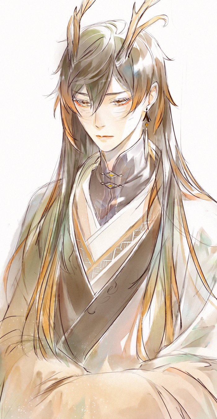 bangs black_hair brown_hair chinese_clothes diamond-shaped_pupils diamond_(shape) dragon_horns earrings genshin_impact gradient_hair hair_between_eyes half-closed_eyes hanfu highres horns jewelry kkcoocool long_hair long_sleeves looking_down male_focus multicolored_hair orange_hair single_earring symbol-shaped_pupils white_background yellow_eyes zhongli_(genshin_impact)