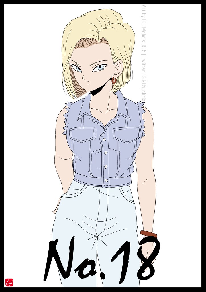 1girl android_18 black_border blonde_hair blue_eyes blue_vest border bracelet chris_re5 collarbone contrapposto dragon_ball dragon_ball_z earrings flat_color hand_on_own_ass jewelry pants signature solo twitter_username vest white_pants