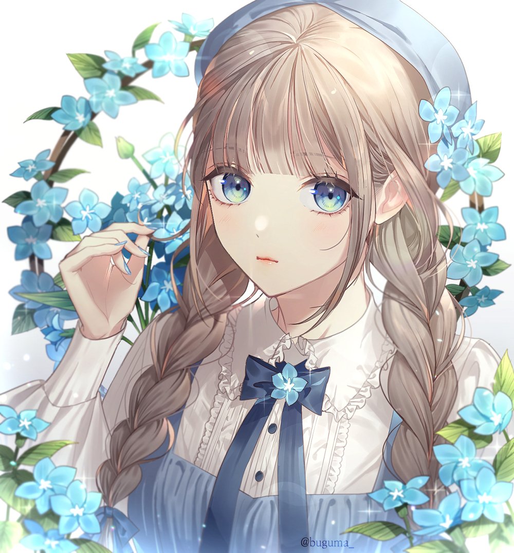1girl arm_up bangs blue_bow blue_eyes blue_flower blue_nails blue_neckwear blunt_bangs bow braid brown_hair buguma closed_mouth collared_shirt expressionless flower frilled_skirt frills glint hat light_blush long_sleeves looking_at_viewer original puffy_long_sleeves puffy_sleeves shirt sidelocks skirt solo sparkle twin_braids upper_body white_background