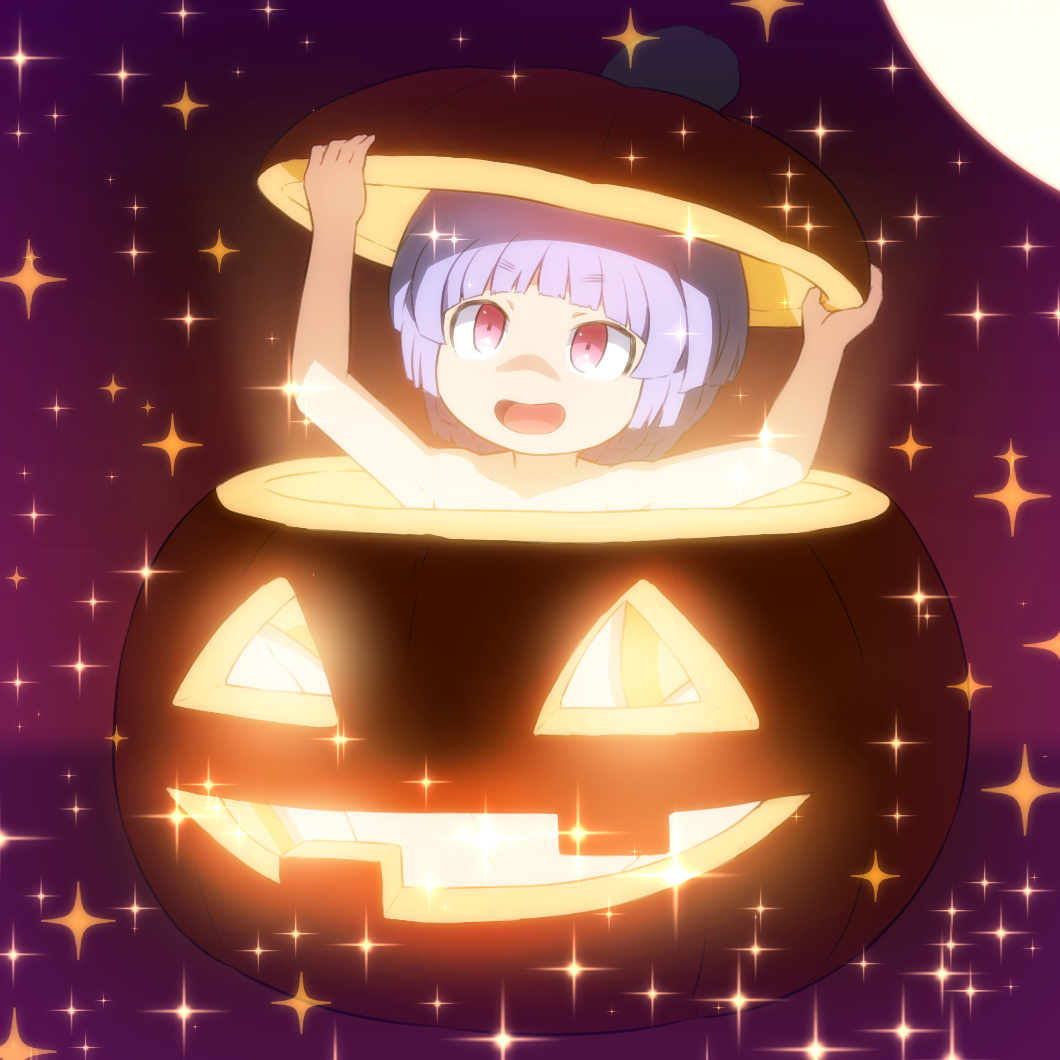 1girl :d blue_hair commentary_request glowing halloween jack-o'-lantern minigirl nude open_mouth pumpkin purple_background red_eyes shirosato short_hair simple_background smile solo sparkle sukuna_shinmyoumaru touhou