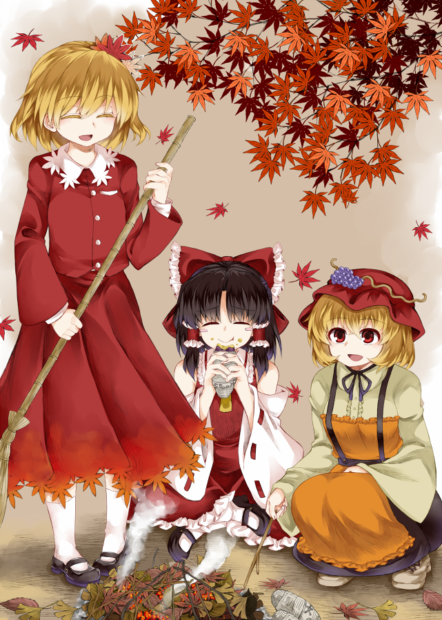 3girls aki_minoriko aki_shizuha ascot autumn_leaves bangs black_footwear black_skirt blush boots bow breasts broom brown_footwear check_commentary closed_eyes commentary_request detached_sleeves dress eating eyebrows_visible_through_hair food food_in_mouth frilled_shirt_collar frilled_skirt frills fruit_hat_ornament grape_hat_ornament hair_bow hair_ornament hair_tubes hakurei_reimu hat indian_style large_breasts leaf_hair_ornament long_sleeves mary_janes mob_cap multiple_girls newspaper open_mouth red_bow red_dress red_eyes red_headwear red_skirt red_vest ribbon-trimmed_sleeves ribbon_trim shoes short_hair sitting skirt squatting standing stick sweet_potato touhou vest white_legwear wide_sleeves yellow_neckwear zetsumame