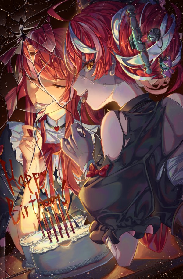 1girl ahoge back bandaged_arm bandages bare_shoulders black_choker bow broken broken_glass cake candle choker closed_eyes crack cracked_glass different_reflection eating eyebrows_visible_through_hair fangs food fork glass grey_hair hair_bun happy_birthday heart heart_choker holding holding_fork hololive keychain kikan_(kikanoe) kureiji_ollie light_particles long_hair looking_at_viewer looking_back mirror multicolored multicolored_hair open_mouth orange_eyes red_bow red_neckwear redhead reflection shiny shiny_hair silver_hair smile stitches sword teeth torn torn_clothes undead weapon x-shaped_pupils