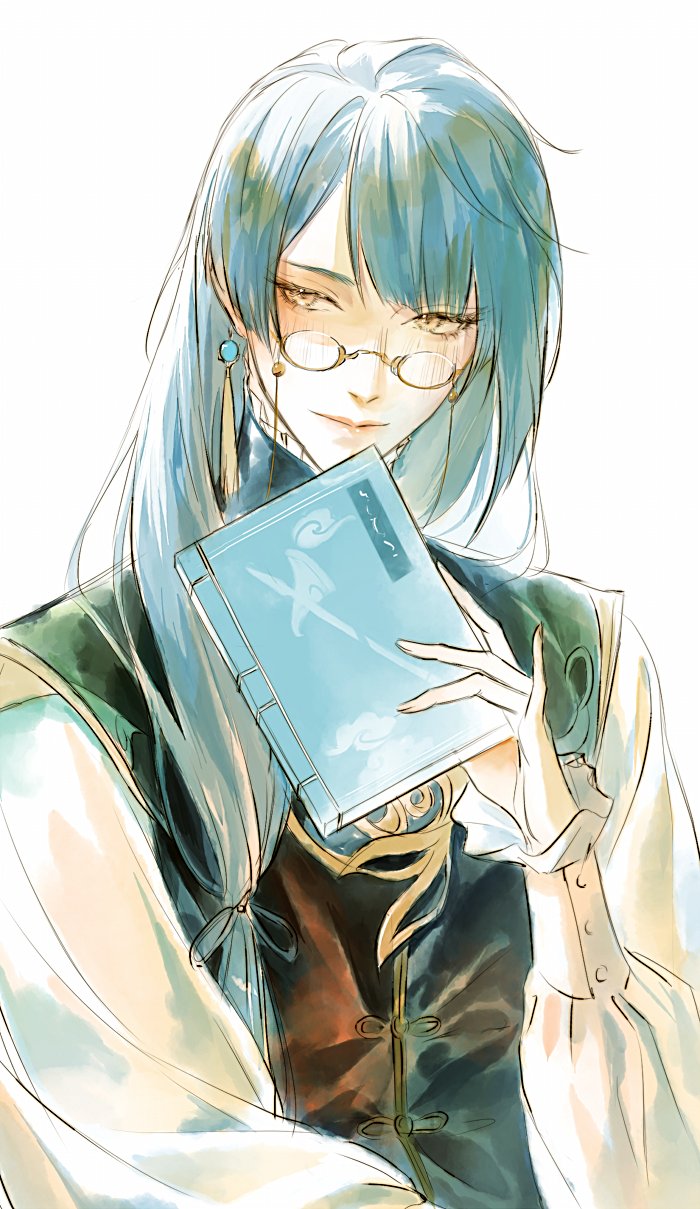 1boy bangs blue_hair book chinese_clothes earrings frilled_sleeves frills genshin_impact glasses hair_over_shoulder highres holding holding_book jewelry kkcoocool light_blush light_smile long_hair long_sleeves looking_to_the_side male_focus single_earring solo upper_body white_background xingqiu_(genshin_impact) yellow_eyes