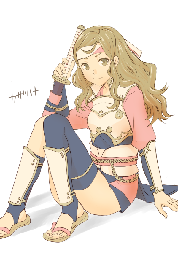 1girl armor bangs brown_hair feet fire_emblem fire_emblem_fates full_body hana_(fire_emblem) headband holding holding_sword holding_weapon long_hair looking_at_viewer sandals solo sword tico weapon