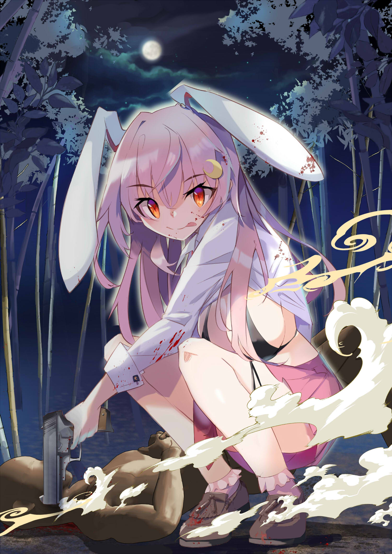 1girl 1other :q alternate_hair_color animal_ears bamboo bamboo_forest bangs black_bra bra breasts brown_footwear collared_shirt commentary_request crescent crescent_hair_ornament finger_on_trigger forest full_moon gun hair_ornament highres holding holding_gun holding_weapon large_breasts long_hair long_sleeves looking_at_viewer miniskirt moon nature night night_sky pink_hair pink_skirt rabbit_ears red_eyes reisen_udongein_inaba shirt sidelocks skirt sky squatting tetsurou_(fe+) tongue tongue_out torn_clothes torn_shirt touhou touhou_lost_word underwear weapon white_shirt wing_collar