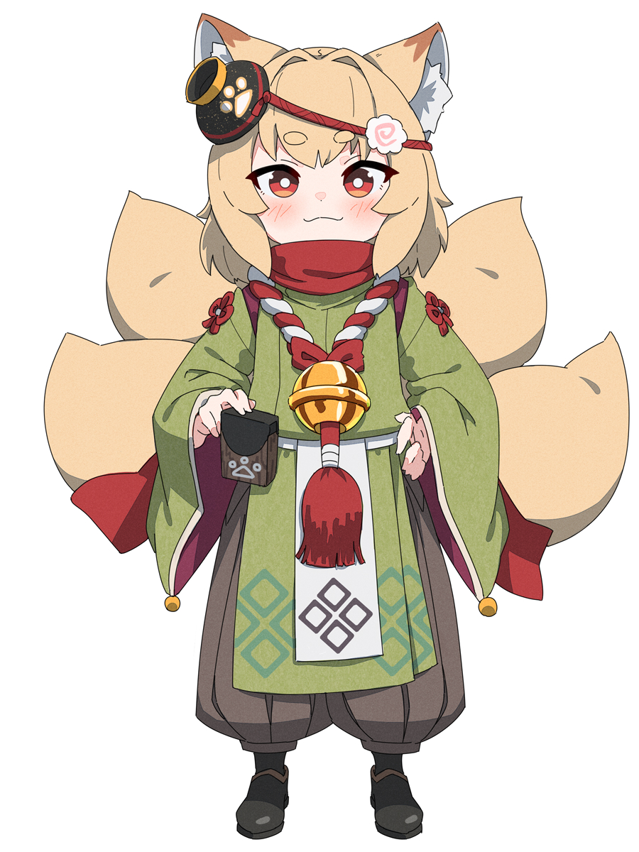 1girl animal_ear_fluff animal_ears bangs bell black_footwear blush brown_hair brown_hakama closed_mouth commentary_request eyebrows_visible_through_hair fox_ears fox_girl fox_tail full_body green_kimono hakama hakama_pants hand_on_hip highres indie_virtual_youtuber japanese_clothes jingle_bell kamiya_ris kimono kitsune kuro_kosyou long_sleeves looking_at_viewer multiple_tails pants red_eyes shoes short_eyebrows simple_background smile solo standing tail thick_eyebrows virtual_youtuber white_background wide_sleeves
