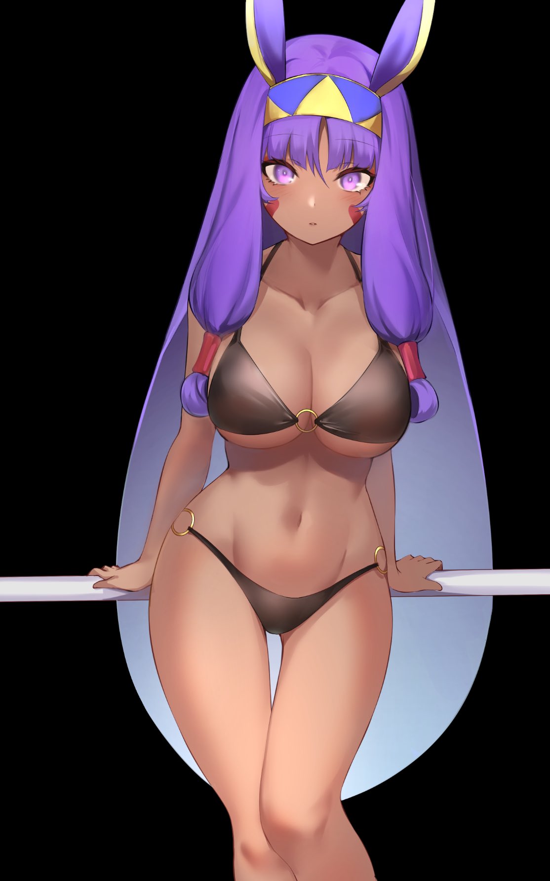 1girl alternate_breast_size animal_ears bikini black_background black_bikini blush breasts english_commentary eyebrows_visible_through_hair facial_mark fate/grand_order fate_(series) hair_tubes hairband highres large_breasts long_hair looking_at_viewer navel nitocris_(fate) o-ring o-ring_bikini o-ring_bottom o-ring_top parted_lips purple_hair sidelocks simple_background solo spider_apple swimsuit very_long_hair violet_eyes