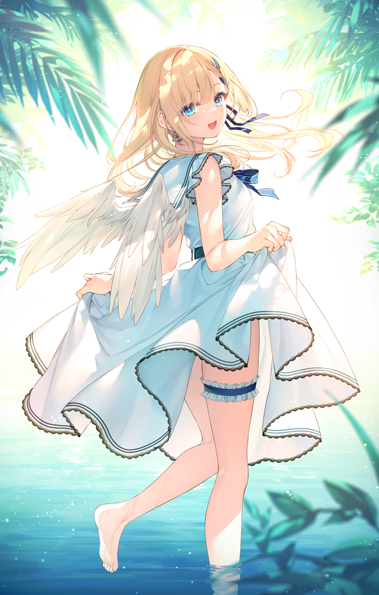 1girl :d angel_wings bare_arms bare_legs bare_shoulders barefoot blonde_hair blue_eyes clothes_lift dress dress_lift feathered_wings from_behind lace_trim leg_garter lifted_by_self long_hair looking_at_viewer looking_back open_mouth original sleeveless sleeveless_dress smile solo sundress toosaka_asagi wading water white_dress wings