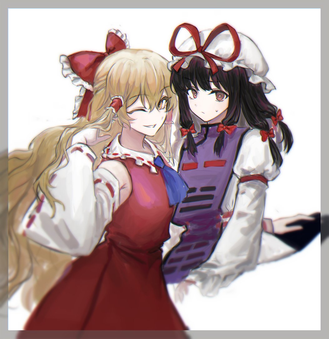 2girls :/ alternate_costume alternate_hairstyle arm_up ascot bangs black_hair blonde_hair blue_neckwear blush bow breasts brown_eyes cosplay costume_switch detached_sleeves eyebrows_visible_through_hair flat_chest frilled_shirt_collar frills gap_(touhou) grin hair_bow hair_ribbon hakurei_reimu hakurei_reimu_(cosplay) hat large_breasts long_hair long_sleeves looking_at_viewer medium_hair mob_cap multiple_girls nontraditional_miko one_eye_closed red_bow red_ribbon ribbon simple_background smile standing sweatdrop t20210325 tabard touhou tress_ribbon upper_body white_background wide_sleeves yakumo_yukari yakumo_yukari_(cosplay) yellow_eyes