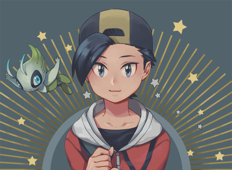 1boy baseball_cap black_hair black_headwear black_shirt celebi closed_mouth commentary_request ethan_(pokemon) grey_background grey_eyes hands_up hat jacket male_focus pokemon pokemon_(creature) pokemon_(game) pokemon_hgss red_jacket shirt short_hair smile star_(symbol) upper_body xichii zipper_pull_tab