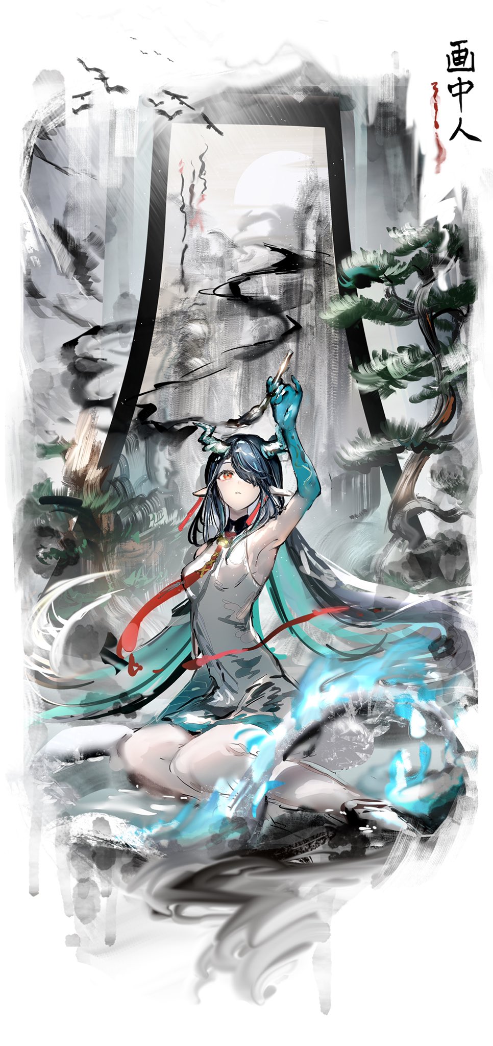 1girl aqua_hair arknights arm_up armpits black_hair blue_skin breasts calligraphy_brush colored_inner_hair colored_skin commentary dragon_horns dress dusk_(arknights) earrings faux_traditional_media full_body gradient_skin hair_between_eyes hair_over_one_eye highres holding holding_paintbrush horns jewelry long_hair looking_up medium_breasts multicolored multicolored_hair multicolored_skin nanaponi orange_eyes paintbrush parted_lips pointy_ears red_neckwear sitting sleeveless sleeveless_dress solo tassel tassel_earrings tree two-tone_hair very_long_hair white_dress yokozuwari