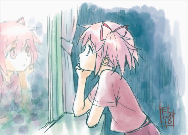 1girl arm_support curtains day elbow_rest expressionless eyebrows_visible_through_hair facing_away from_side hair_ribbon hand_on_own_chin head_rest indoors kaname_madoka leaning_forward looking_up mahou_shoujo_madoka_magica parted_lips pink_eyes pink_hair pink_shirt profile red_ribbon reflection ribbon shirt short_sleeves short_twintails signature solo sunlight taniguchi_jun'ichirou twintails upper_body window