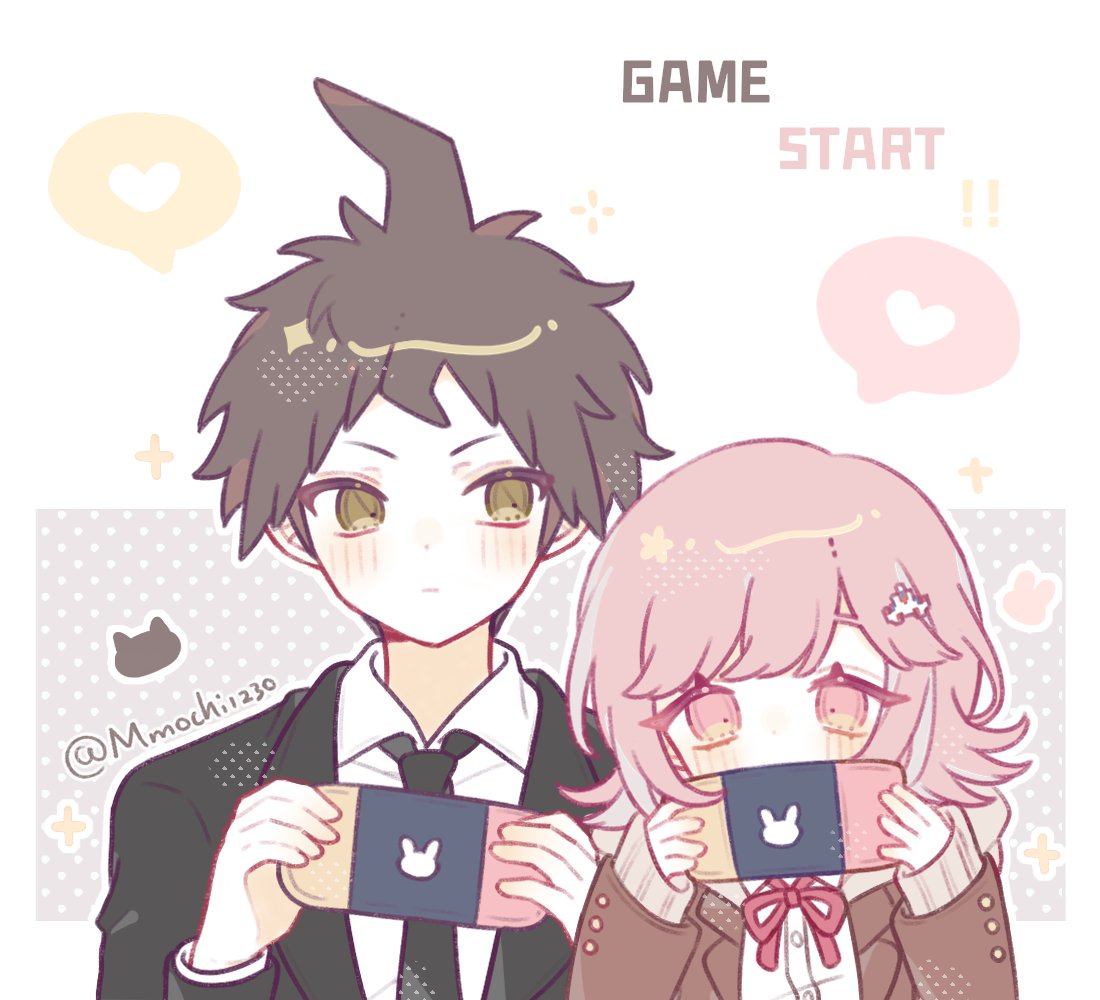 1boy 1girl bangs black_jacket blush brown_eyes brown_hair brown_jacket closed_mouth collared_shirt commentary_request danganronpa_(series) danganronpa_3_(anime) dress_shirt flipped_hair formal hair_ornament handheld_game_console hands_up heart hinata_hajime holding holding_handheld_game_console hood hood_down hope's_peak_academy_school_uniform jacket looking_at_another mao_gao_gao nanami_chiaki necktie nintendo_switch open_clothes open_jacket pink_eyes pink_hair playing_games ribbon school_uniform shirt spoken_heart white_shirt