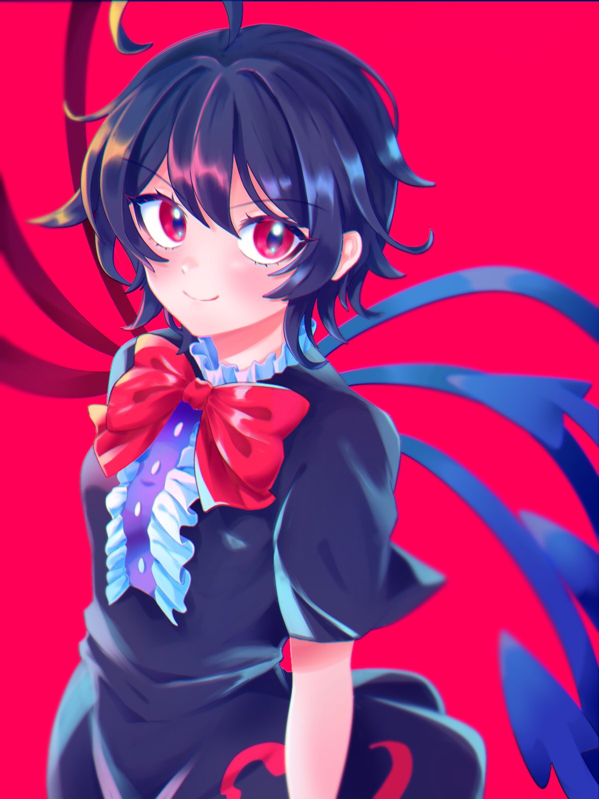 1girl asymmetrical_wings bangs black_dress black_hair black_legwear black_wristband blush bow breasts center_frills closed_mouth commentary_request dress frills hair_between_eyes highres houjuu_nue looking_at_viewer oataruu puffy_short_sleeves puffy_sleeves red_background red_eyes red_nails red_neckwear ribbon short_hair short_sleeves simple_background small_breasts smile solo standing thigh-highs touhou upper_body wings wristband