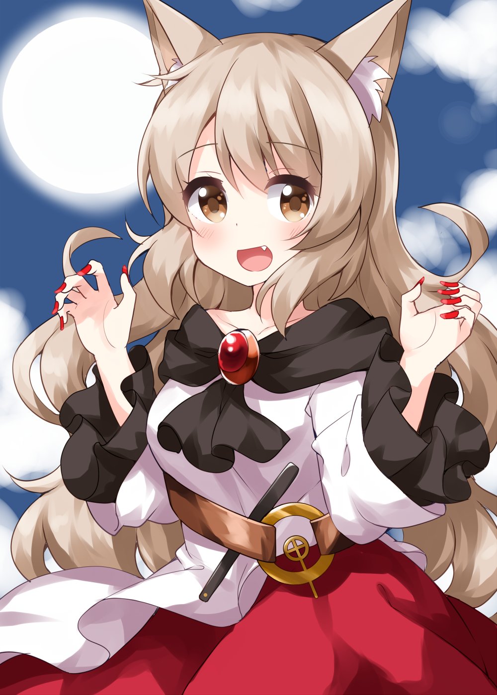 1girl :d alternate_costume animal_ear_fluff animal_ears bangs blonde_hair blush breasts brooch collarbone cosplay dress eyebrows_visible_through_hair fang fingernails frilled_sleeves frills full_moon highres imaizumi_kagerou imaizumi_kagerou_(cosplay) jewelry large_breasts long_hair long_sleeves looking_at_viewer moon multicolored multicolored_clothes multicolored_dress nail_polish one-hour_drawing_challenge open_mouth red_dress red_nails ruu_(tksymkw) sharp_fingernails smile solo touhou upper_body watatsuki_no_toyohime white_dress wide_sleeves wolf_ears yellow_eyes