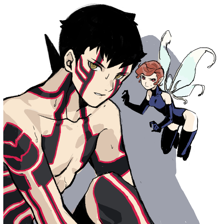 1boy 1girl black_hair brown_hair collarbone elbow_gloves fairy fairy_wings full-body_tattoo gloves hitoshura leotard looking_at_viewer male_focus minigirl morimiya_(kuroro) pixie_(megami_tensei) pointy_ears shin_megami_tensei shin_megami_tensei_iii:_nocturne short_hair simple_background tattoo thigh-highs topless_male wings yellow_eyes