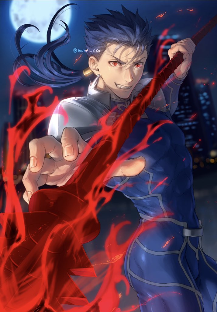 1boy armor blue_bodysuit blue_hair bodysuit covered_abs cowboy_shot cu_chulainn_(fate) cu_chulainn_(fate/stay_night) earrings fang fate/stay_night fate_(series) gae_bolg_(fate) grin holding holding_weapon jewelry long_hair looking_at_viewer male_focus mondi_hl moon muscular muscular_male night outdoors polearm ponytail red_eyes shoulder_armor smile solo spear teeth weapon