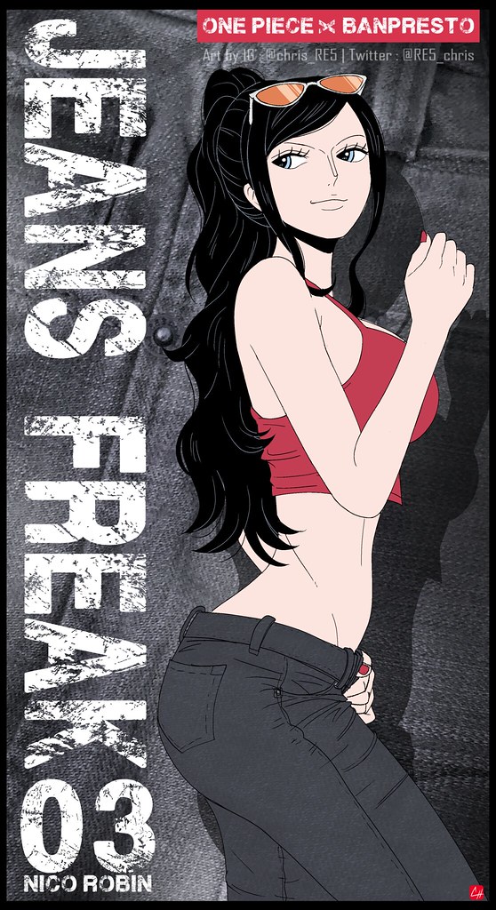 1girl alternate_hairstyle black_hair blue_eyes breasts chris_re5 cowboy_shot crop_top denim eyewear_on_head fashion from_side jeans large_breasts midriff nico_robin one_piece pants ponytail red_tank_top signature smile solo sunglasses tank_top