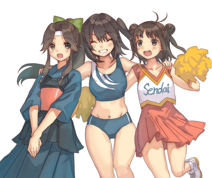 3girls alternate_costume antenna_hair armor black_hair black_hakama blue_buruma blue_hakama bougu buruma cheerleader commentary_request cowboy_shot double_bun dress hakama headband holding holding_pom_poms japanese_armor japanese_clothes jintsuu_(kancolle) kantai_collection midriff mitsuyo_(mituyo324) multiple_girls naka_(kancolle) orange_dress pleated_dress pom_pom_(cheerleading) ponytail sendai_(kancolle) short_hair simple_background sports_bikini sportswear two_side_up white_background white_headband