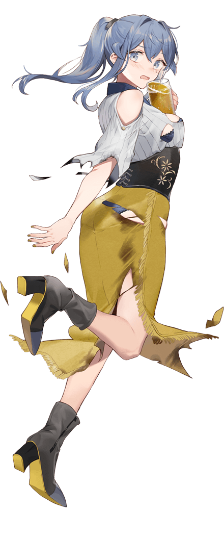 1girl alcohol bare_shoulders beer beer_mug black_footwear black_scrunchie blue_bra blue_eyes blue_hair blue_panties blush boots bra breasts corset cup detached_sleeves dress drew_(drew213g) eyebrows_visible_through_hair full_body gotland_(kancolle) hair_between_eyes high_heel_boots high_heels holding holding_cup kantai_collection large_breasts long_hair long_skirt looking_at_viewer looking_back medium_breasts mole mole_under_eye mug official_art open_mouth panties ponytail scrunchie shirt skirt torn_clothes torn_shirt torn_skirt transparent_background underwear white_shirt yellow_skirt