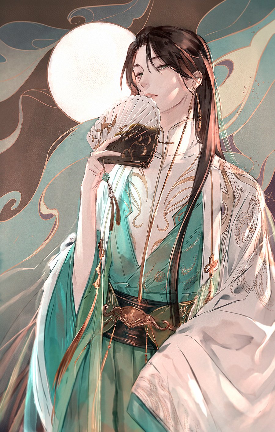 1boy belt brown_hair chinese_clothes dress earrings green_dress hand_fan hanfu highres holding holding_fan jewelry kkcoocool long_hair long_sleeves male_focus mo_dao_zu_shi nie_huaisang single_earring smoke solo tassel