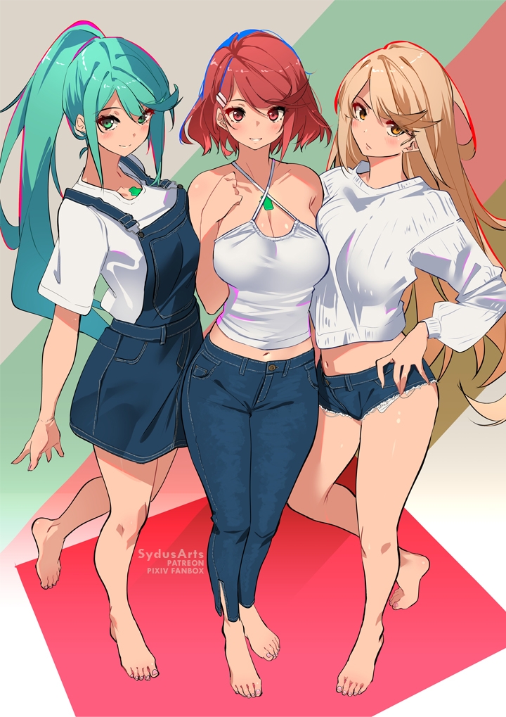 3girls alternate_costume bangs blonde_hair breasts chest_jewel green_eyes green_hair large_breasts long_hair multiple_girls mythra_(xenoblade) pneuma_(xenoblade) ponytail pyra_(xenoblade) red_eyes redhead short_hair swept_bangs sydus very_long_hair xenoblade_chronicles_(series) xenoblade_chronicles_2 yellow_eyes