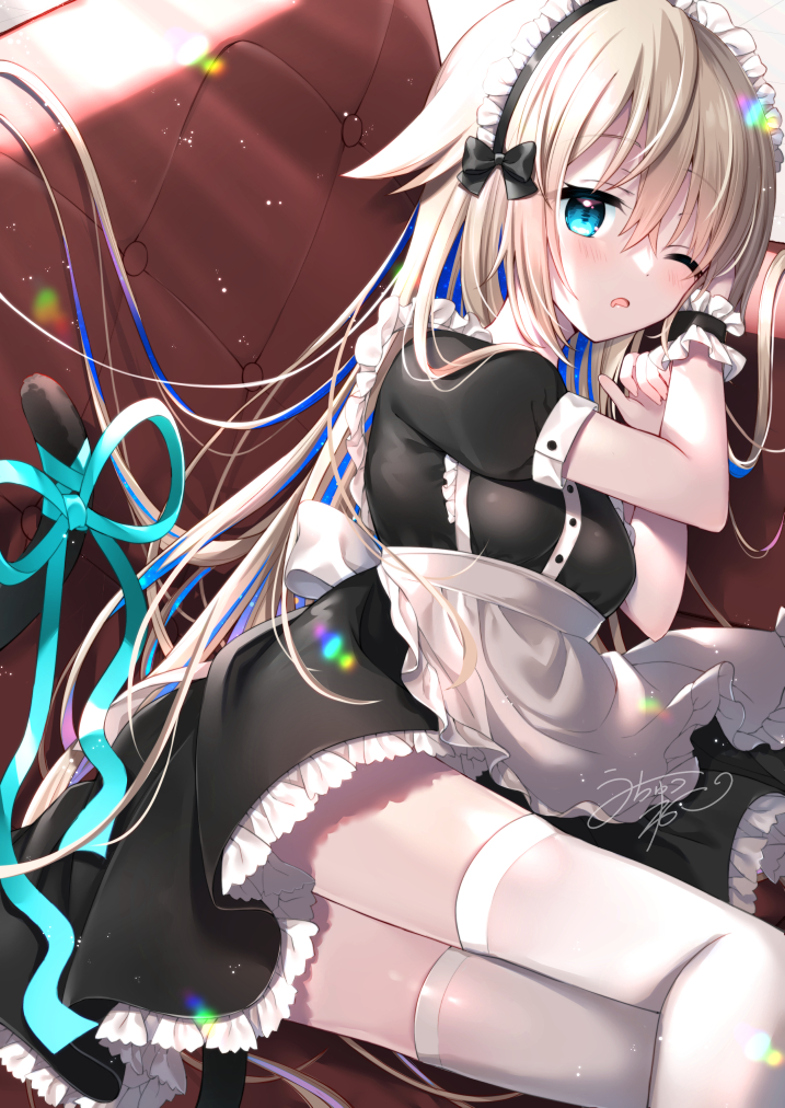 1girl alternate_costume apron bangs black_dress blonde_hair blue_eyes blue_hair blue_ribbon blush cat_tail commentary_request couch dress drooling enmaided eyebrows_visible_through_hair feet_out_of_frame frilled_apron frilled_dress frills hair_between_eyes hair_flaps hands_up indie_virtual_youtuber long_hair lying maid maid_headdress mouth_drool multicolored_hair on_couch on_side one_eye_closed parted_lips puffy_short_sleeves puffy_sleeves ribbon short_sleeves signature solo tail tail_raised thigh-highs two-tone_hair uchuuneko uchuuneko_(vtuber) very_long_hair virtual_youtuber white_apron white_legwear wrist_cuffs