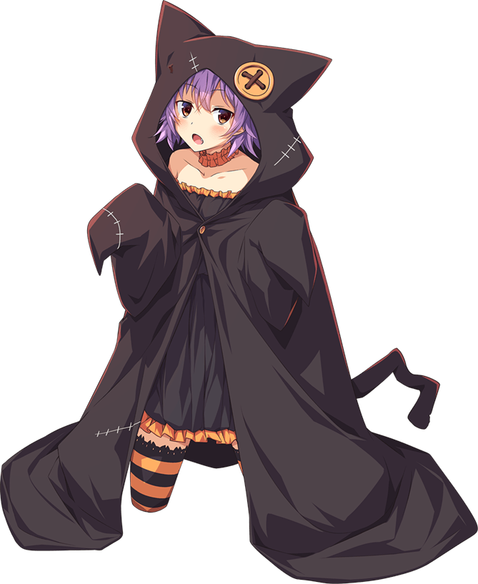 1girl black_cloak cloak collarbone full_body halloween halloween_costume hood hooded_cloak kantai_collection kneeling long_sleeves off_shoulder official_alternate_costume official_art purple_hair red_eyes short_hair solo striped striped_legwear tama_(kancolle) thigh-highs transparent_background ugume