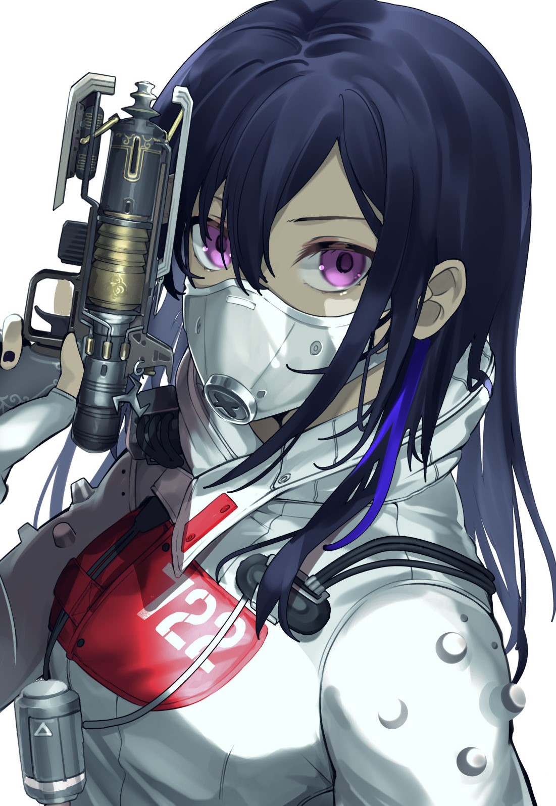 1girl apex_legends arm_up b3_wingman bangs black_hair black_nails bodysuit closed_mouth cosplay covered_mouth english_commentary gun hand_up handgun highres hisui_ill holding holding_gun holding_weapon ichinose_uruha long_hair looking_at_viewer lupinus_virtual_games mask multicolored_hair pistol quarantine_722_wraith simple_background solo streaked_hair upper_body violet_eyes virtual_youtuber vspo! weapon white_background white_bodysuit wraith_(apex_legends) wraith_(apex_legends)_(cosplay)