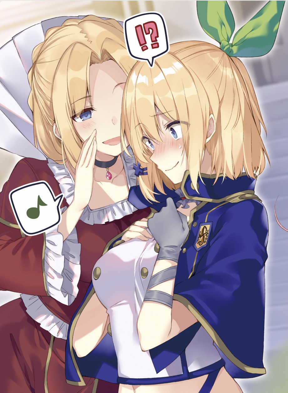 !? 2girls :d alzano_school_uniform bangs blonde_hair blue_capelet blue_eyes blurry blurry_background blush braid breasts capelet character_request choker collarbone crop_top embarrassed eyebrows_visible_through_hair forehead french_braid frilled_sleeves frills gloves green_ribbon grey_gloves hair_ornament hair_ribbon hand_up hands_on_own_chest highres jewelry leaning_forward long_hair long_sleeves looking_at_another looking_away medium_breasts medium_hair mishima_kurone mother_and_daughter multiple_girls musical_note navel nose_blush novel_illustration official_art open_mouth ponytail ribbon rokudenashi_majutsu_koushi_to_akashic_record rumia_tingel school_uniform shiny shiny_hair sidelocks single_glove smile speech_bubble spoken_musical_note sweatdrop textless upper_body whispering x_hair_ornament