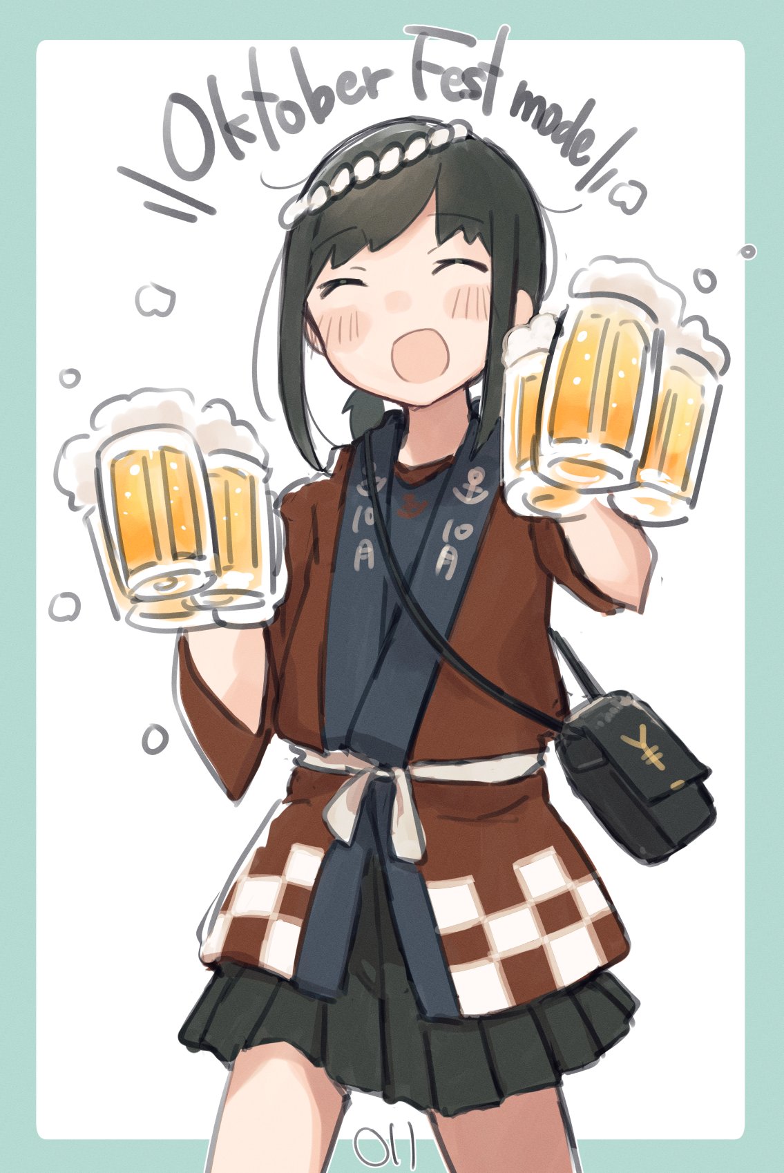 1girl alcohol beer beer_mug black_skirt blue_shirt blush brown_hair closed_eyes commentary_request cup english_text eyebrows_visible_through_hair fubuki_(kancolle) happi highres holding jacket japanese_clothes kantai_collection low_ponytail ma_rukan mug open_mouth red_jacket shirt short_hair sidelocks skirt smile solo