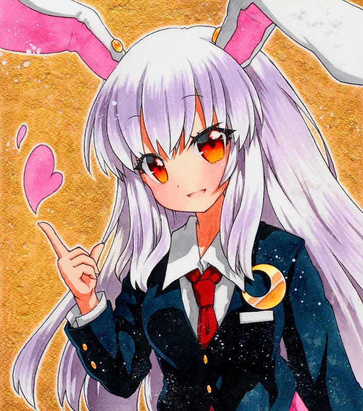 1girl animal_ears breasts crescent hand_up heart jacket long_hair long_sleeves looking_at_viewer medium_breasts open_mouth pink_heart pointing purple_hair qqqrinkappp rabbit_ears red_eyes reisen_udongein_inaba shikishi smile solo touhou traditional_media upper_body white_hair