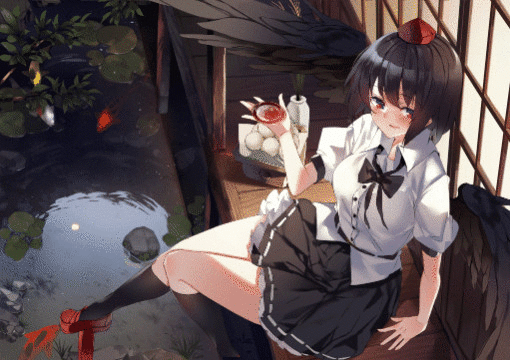 1girl :d ^_^ animated animated_gif bangs black_bow black_hair black_legwear black_neckwear black_skirt blinking blush bow bowtie breasts closed_eyes cup dango eyebrows_visible_through_hair feet_out_of_frame food geta hair_between_eyes hand_up hat holding holding_cup ken_(coffee_michikusa) kneehighs lily_pad looking_at_viewer medium_breasts miniskirt open_mouth petticoat puffy_short_sleeves puffy_sleeves red_eyes red_footwear rock shameimaru_aya shirt short_hair short_sleeves sitting skirt smile solo tengu-geta thighs tokin_hat touhou tsukimi wagashi water white_shirt