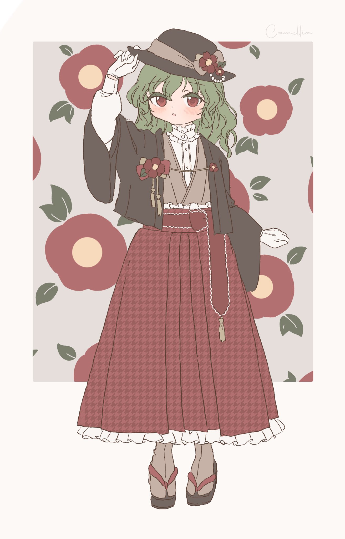 1girl :o bangs belt border brown_headwear brown_kimono brown_legwear brown_ribbon buttons camellia collared_shirt commentary dot_nose eyebrows_visible_through_hair floral_background flower frilled_hakama frilled_shirt_collar frilled_skirt frills full_body geta gloves green_hair hair_between_eyes hakama hakama_skirt hand_on_headwear haori hat hat_flower hat_ribbon highres houndstooth japanese_clothes kazami_yuuka kimono leaf light_blush lolita_fashion long_hair long_skirt long_sleeves looking_at_viewer outside_border red_belt red_eyes red_flower red_hakama red_skirt ribbon sakurasaka sandals shirt skirt solo standing tabi tassel touhou wa_lolita wavy_hair white_border white_gloves white_shirt