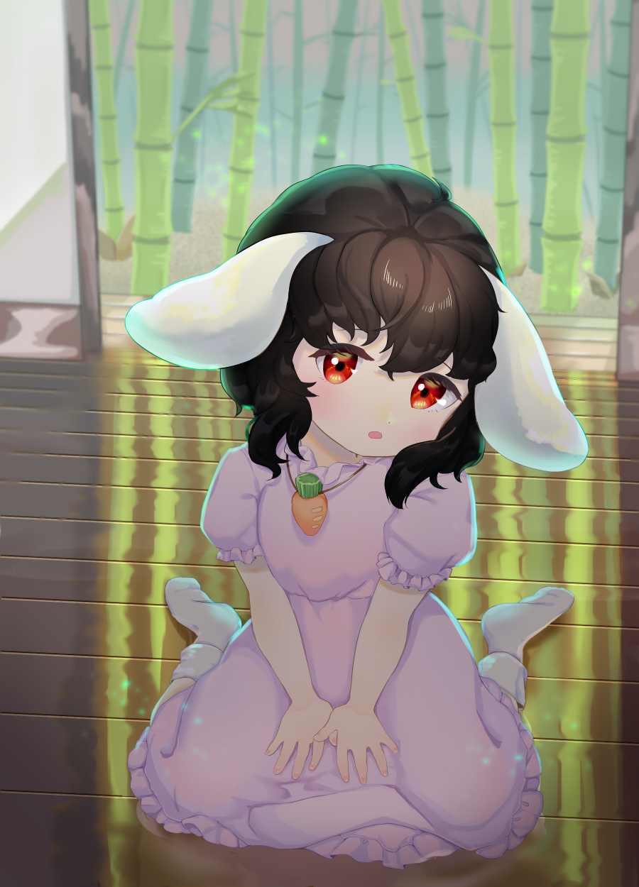 1girl animal_ears bamboo bangs brown_hair carrot_necklace dress eyebrows_visible_through_hair floor hair_between_eyes highres inaba_tewi looking_at_viewer no_shoes open_mouth pink_dress pink_sleeves puffy_short_sleeves puffy_sleeves rabbit_ears red_eyes seiza short_hair short_sleeves sitting socks solo touhou wall wankosoba white_legwear
