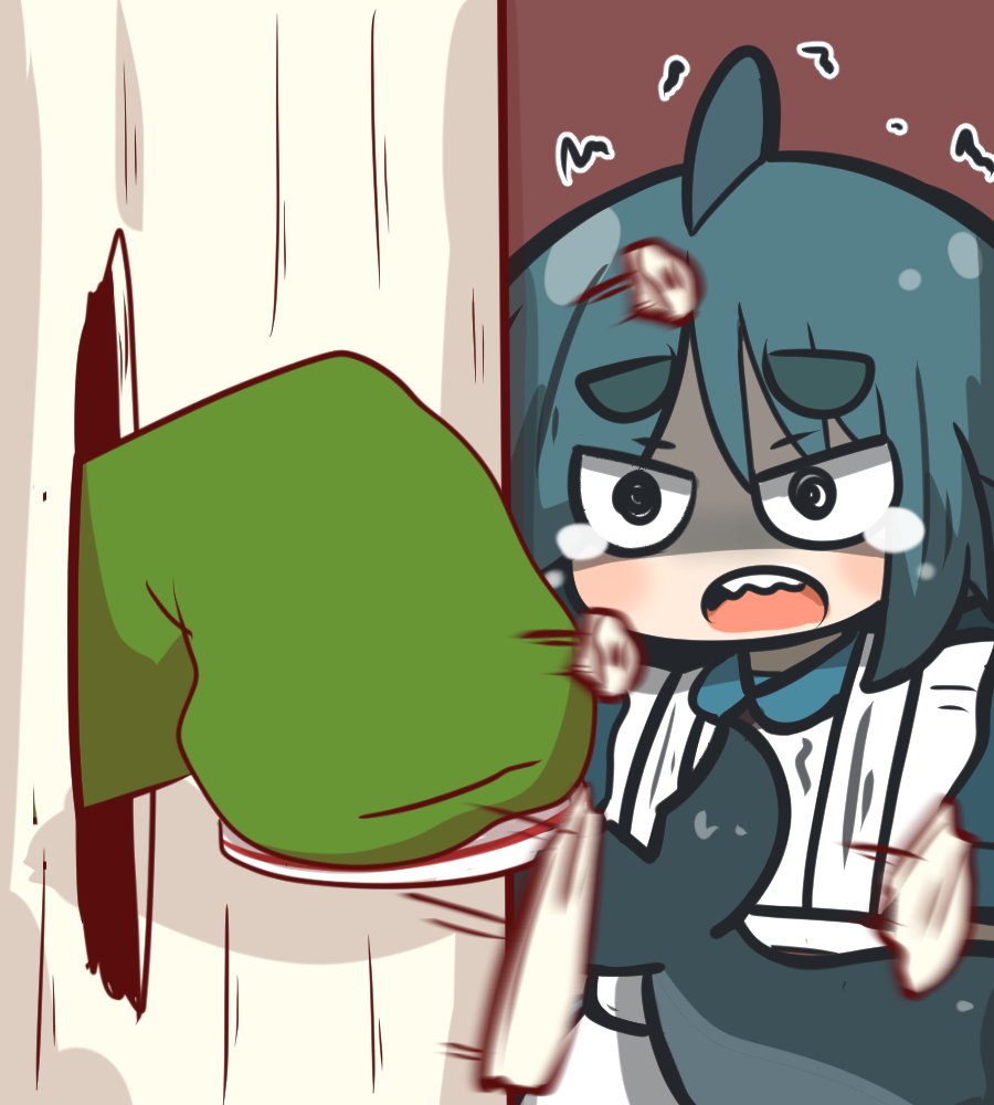 2girls alternate_costume apron blue_dress blue_hair borrowed_character brown_background collared_dress commentary_request dress enmaided fish_tail frilled_apron frills fuka-chan green_shirt here's_johnny!_(meme) kemomimi-chan_(naga_u) long_hair long_sleeves maid maid_apron master_sgt_mine meme multiple_girls open_mouth original shaded_face shark_tail sharp_teeth shirt short_eyebrows simple_background sleeves_past_fingers sleeves_past_wrists tail tears teeth thick_eyebrows trembling white_apron