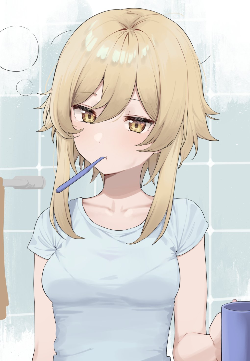 1girl alternate_costume bathroom blonde_hair blue_shirt blush bra_through_clothes breasts brushing_teeth closed_mouth commentary cup eyebrows_visible_through_hair genshin_impact hair_between_eyes highres holding holding_cup lumine_(genshin_impact) medium_breasts medium_hair mouth_hold shirt short_sleeves sidelocks sleepy solo syhan t-shirt tile_wall tiles toothbrush towel_rack upper_body yellow_eyes