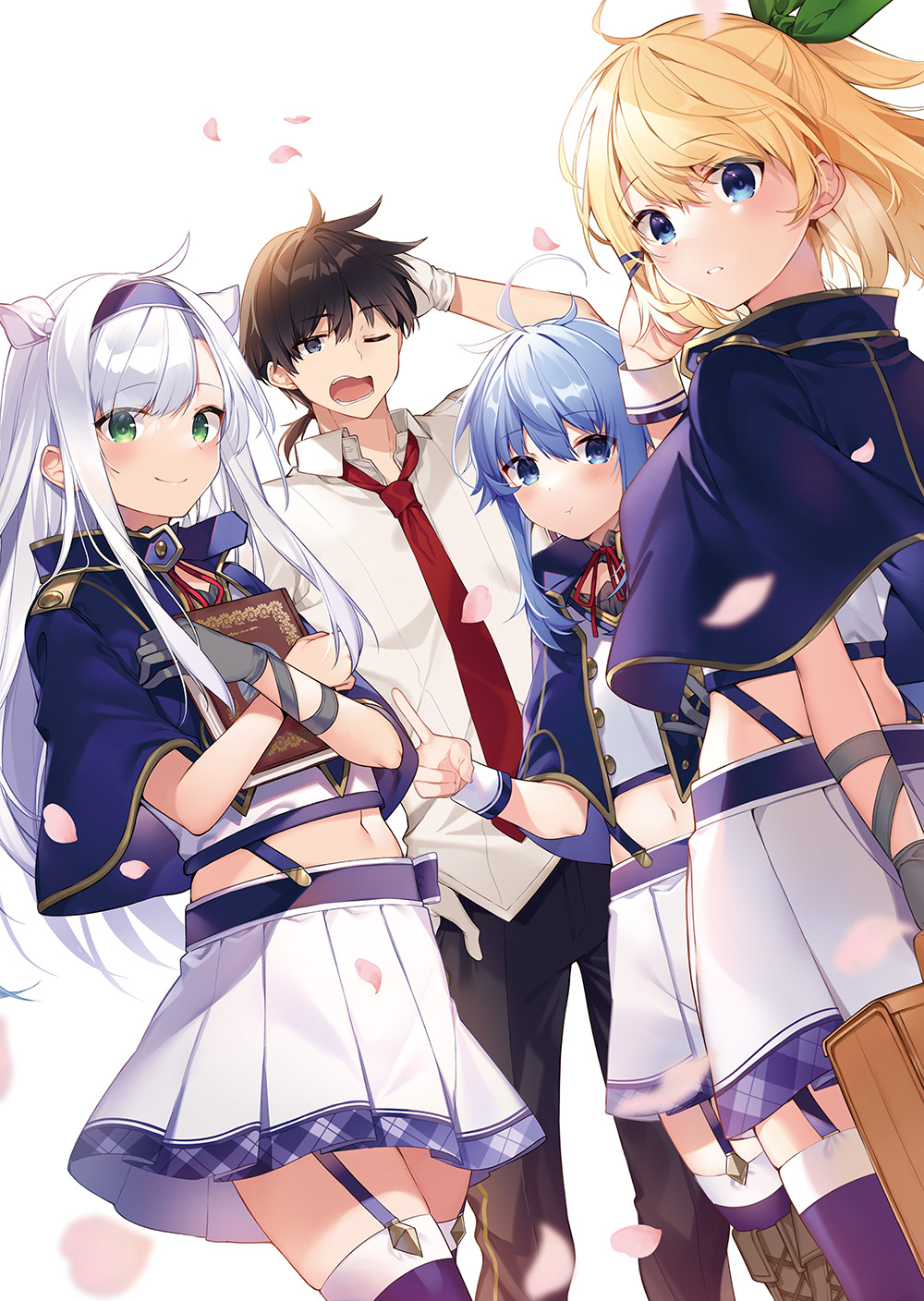 1boy 3girls :t ahoge alzano_school_uniform arm_behind_back bangs blonde_hair blue_capelet blue_eyes blue_hair blue_hairband blue_legwear blurry blurry_foreground blush book book_hug boots breasts briefcase brown_footwear capelet choker closed_mouth cover_image cowboy_shot crop_top cross-laced_footwear dutch_angle eyebrows_visible_through_hair garter_straps glenn_radars gloves green_eyes green_ribbon grey_gloves hair_ornament hair_ribbon hair_tucking hairband highres holding holding_book holding_briefcase lace-up_boots long_hair looking_at_viewer looking_back midriff miniskirt mishima_kurone multiple_girls navel neck_ribbon object_hug official_art parted_lips petals pleated_skirt ponytail pout red_ribbon ribbon rokudenashi_majutsu_koushi_to_akashic_record rumia_tingel ryiel_rayford school_uniform shiny shiny_hair sidelocks silver_hair simple_background single_glove sistine_fiber skirt small_breasts smile suspender_skirt suspenders textless thigh-highs thighs white_background white_ribbon white_skirt wind wrist_cuffs zettai_ryouiki