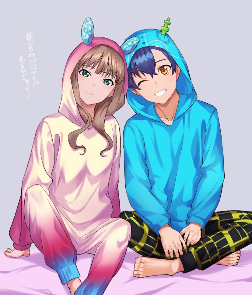 1boy 1girl asanaka_yomogi bangs barefoot blue_hair blush brown_hair closed_eyes cosplay couple gridman_universe hair_ornament hood hoodie long_hair minami_yume nyorotono on_bed pants seiza short_hair sitting sitting_on_bed smile ssss.dynazenon