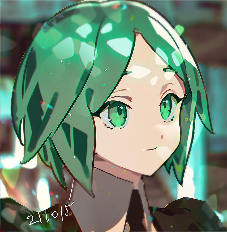 1other androgynous bangs blurry blurry_background closed_mouth collared_shirt commentary crystal_hair dated gem_uniform_(houseki_no_kuni) green_eyes green_hair haun houseki_no_kuni phosphophyllite shirt short_hair smile solo symbol-only_commentary