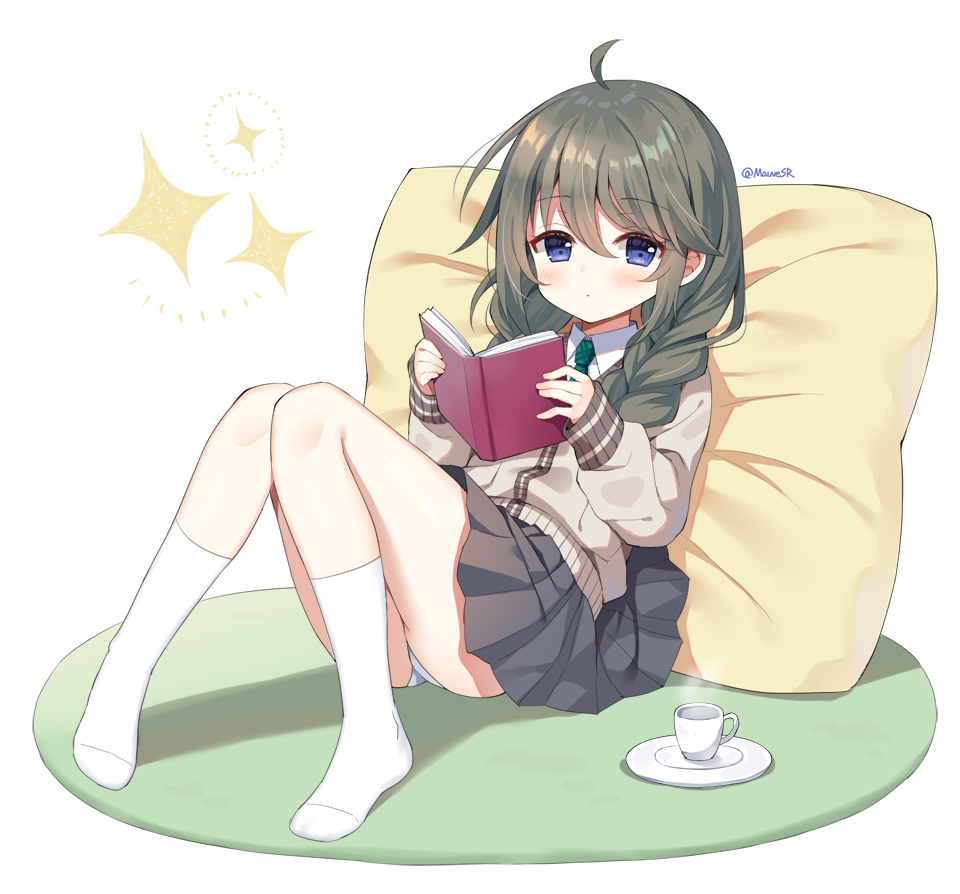1girl ahoge bangs black_skirt blue_eyes book braid brown_cardigan cardigan closed_mouth collared_shirt commentary_request cup eyebrows_visible_through_hair full_body green_neckwear grey_hair hair_between_eyes hair_over_shoulder holding holding_book knees_together_feet_apart knees_up long_hair long_sleeves looking_at_viewer low_twintails mauve no_shoes open_book panties pillow pleated_skirt princess_connect! puffy_long_sleeves puffy_sleeves saucer shirt simple_background skirt sleeves_past_wrists socks solo sparkle steam twin_braids twintails twitter_username underwear white_background white_legwear white_panties white_shirt yuni_(princess_connect!)