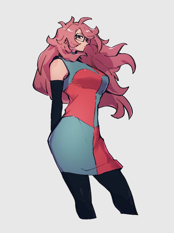1girl android_21 breasts checkered checkered_dress closed_mouth dragon_ball dragon_ball_fighterz dress glasses grey_background kemachiku long_hair looking_at_viewer medium_breasts redhead simple_background solo standing