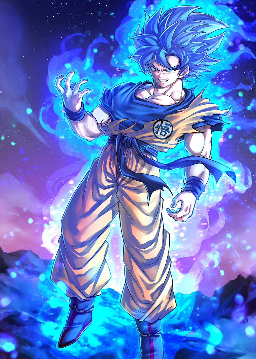 1boy aura blue_eyes blue_hair dougi dragon_ball dragon_ball_super grin highres male_focus mattari_illust open_hand sash smile solo son_goku spiky_hair super_saiyan super_saiyan_blue torn_clothes wristband