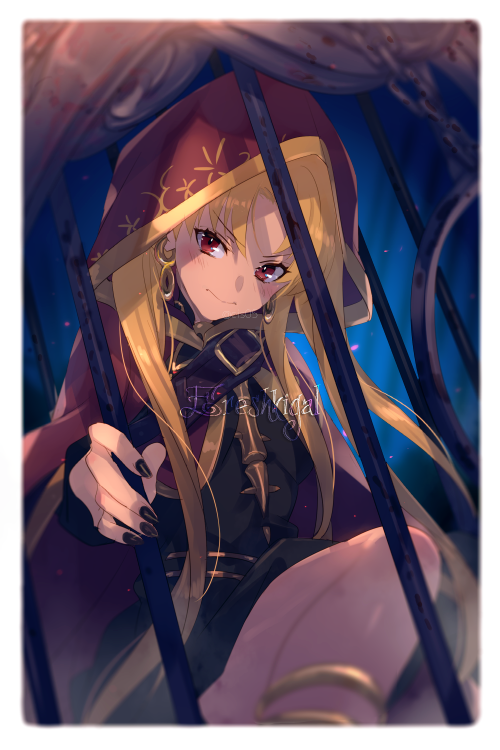 1girl bangs black_dress black_nails blonde_hair blush breasts cage cape character_name closed_mouth dress earrings echo_(circa) english_text ereshkigal_(fate) fate/grand_order fate_(series) fingernails gold_trim hood hood_up hooded_cape hoop_earrings jewelry long_hair looking_at_viewer medium_breasts parted_bangs red_cape red_eyes sitting skull spine thighs twitter_username two_side_up