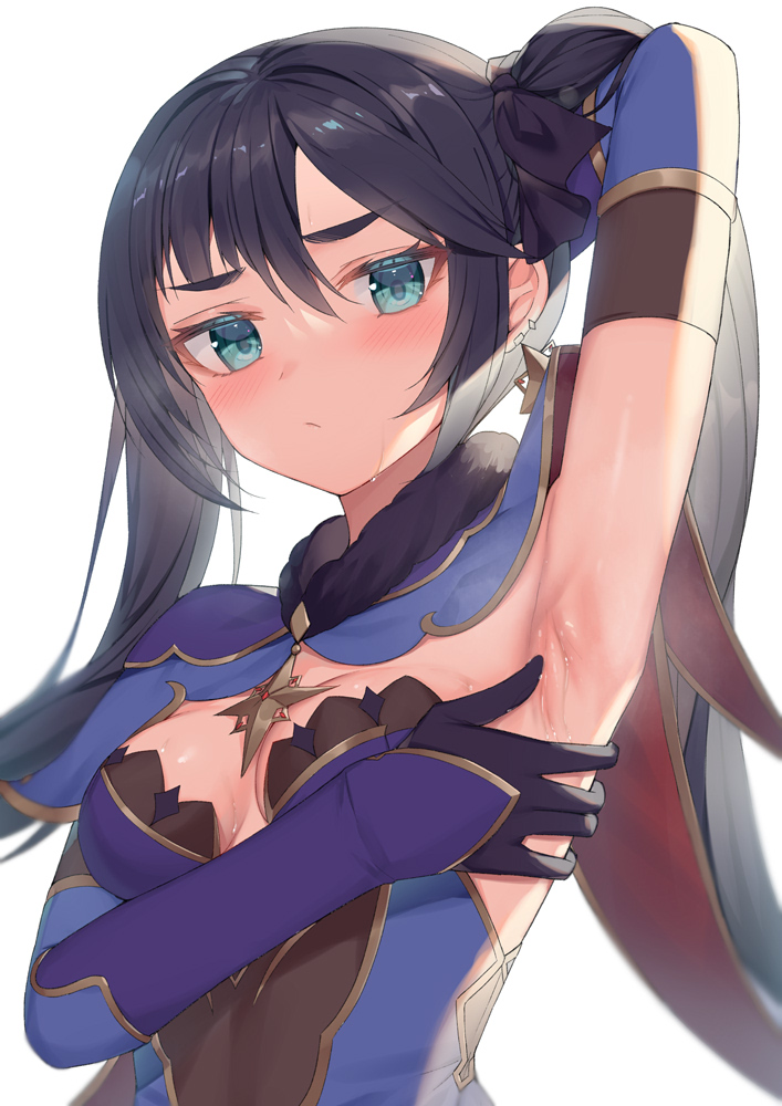 1girl alexmaster arm_behind_head arm_up armpits black_gloves black_hair blue_cape blue_leotard bodystocking breasts cape detached_sleeves earrings elbow_gloves fur_collar genshin_impact gloves gold_trim green_eyes jewelry leotard long_hair looking_at_viewer medium_breasts mona_(genshin_impact) star_(symbol) star_earrings twintails