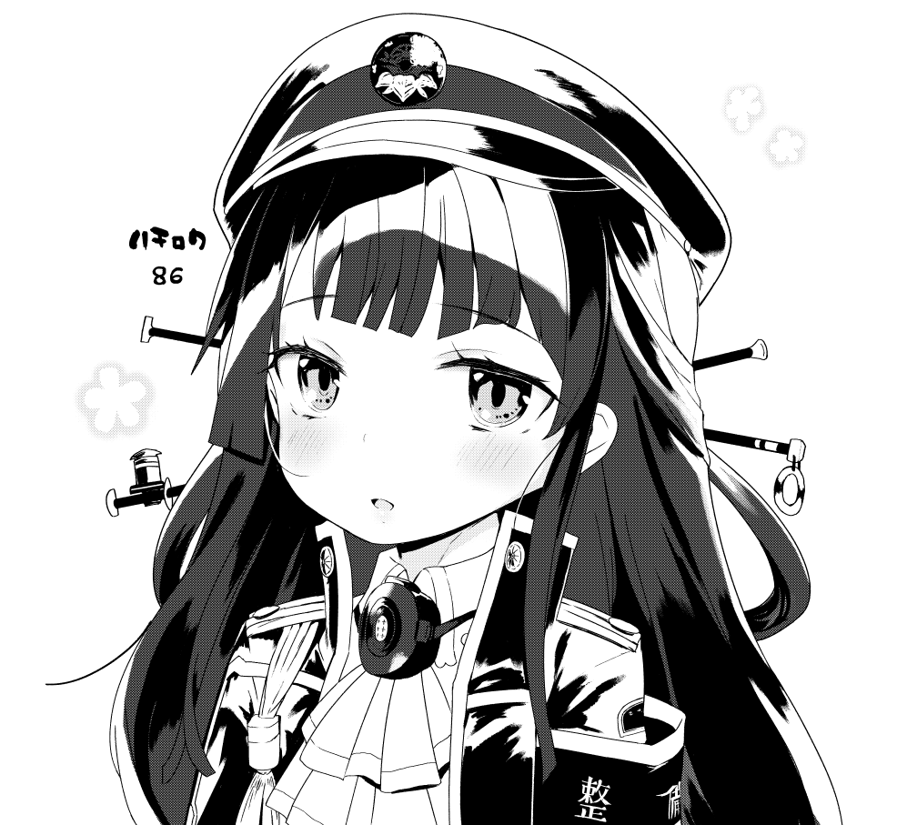 1girl armband ascot blush child copyright_request greyscale hachiroku_(maitetsu) hair_ornament hair_stick hat jacket kereno long_hair looking_at_viewer maitetsu monochrome parted_lips peaked_cap solo