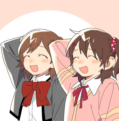 2girls ^_^ ^o^ aijou_karen arm_behind_head arm_up backlighting bangs blush blush_stickers bow bowtie brown_hair cardigan circle closed_eyes collared_shirt cropped_jacket crossover d.y.x. dot_nose dress_shirt eyebrows_visible_through_hair facing_viewer from_side furrowed_brow grey_jacket hair_between_eyes hair_ornament hairclip idolmaster idolmaster_million_live! jacket kasuga_mirai large_bow long_sleeves lowres multiple_girls neck_ribbon nose_blush one_side_up open_clothes open_jacket open_mouth outside_border pink_background pink_cardigan pink_neckwear pink_ribbon pink_scrunchie polka_dot polka_dot_scrunchie red_bow red_neckwear ribbon school_uniform scrunchie seishou_music_academy_uniform shirt short_hair shoujo_kageki_revue_starlight smile swept_bangs two-tone_background upper_body white_background white_shirt